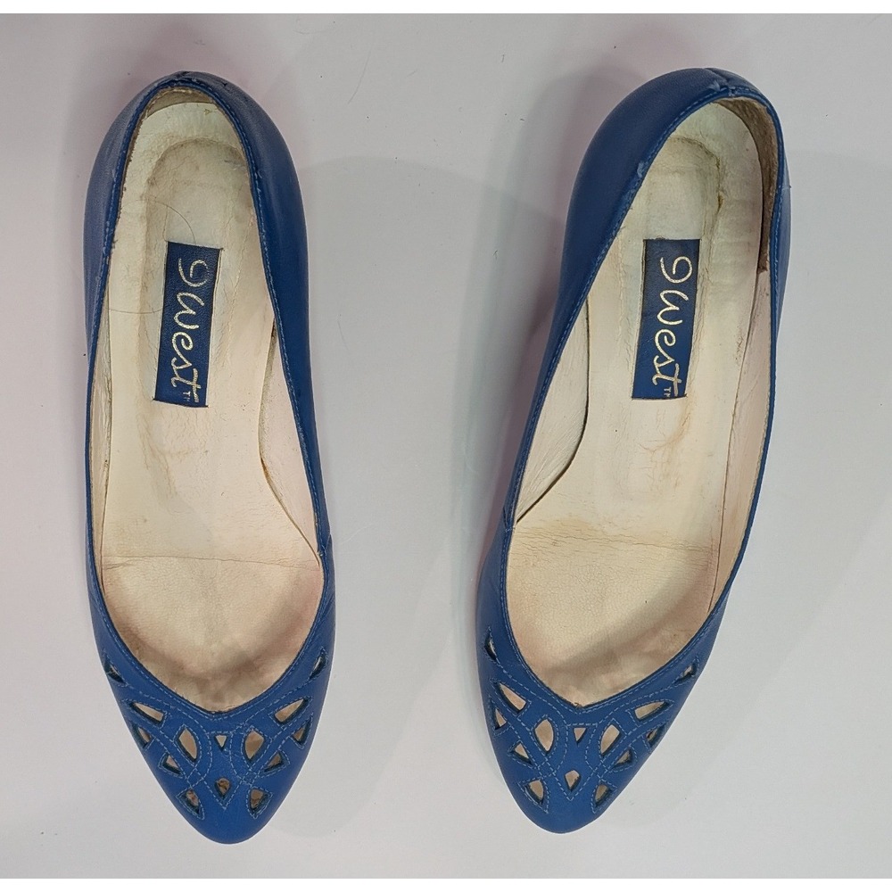 9 West A-Brooke 2 Pumps Womens 6M Empire Blue Good Vintage Leather Cut-Out Heel